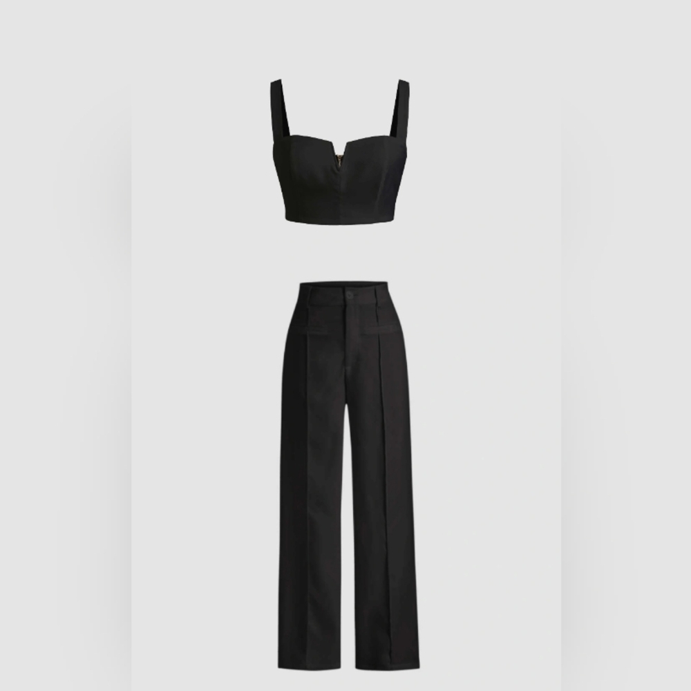 (2 pieces) Solid V-Wire Crop Tank Top - Solid Stitch Straight Leg Trousers